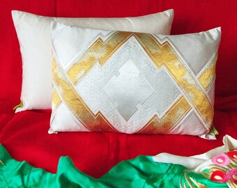 Gold Silver Obi Pillow Kimono Cushion Cream Silk Back, Metallic Accent Pillow, Upcycled Japanese Obi, 12x18" Rectangular Ltd Ed ECO FRIENDLY