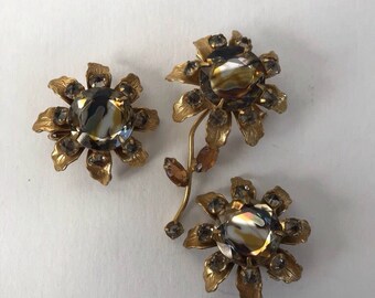 Vintage Russian Gold Mirrored Rhinestone Brooch & Earrings Miriam Haskell?