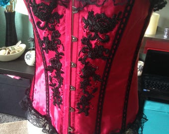 Red Satin Corset with Black Floral Embroidery details size 5XL (22/24uk)