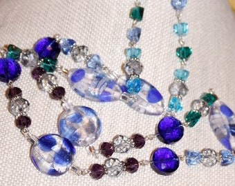 Blue and Blue Lampwork and Crystal Necklace Sets