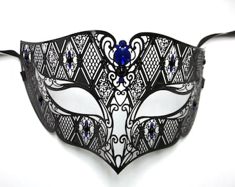 Handsome Mens Masquerade Mardi Gras Metal Filigree Mask in Black with Blue Crystals