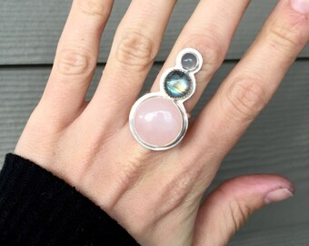 Rose Quartz Labradorite Purple Moonstone Ring | Tri Stone Statement Ring | Elegant Silver Gemstone Statement Ring