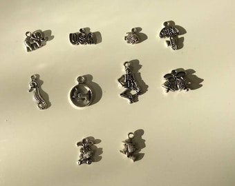 set of 10 silver charm, dog, Bell, umbrella, witch, Bunny, elephant...