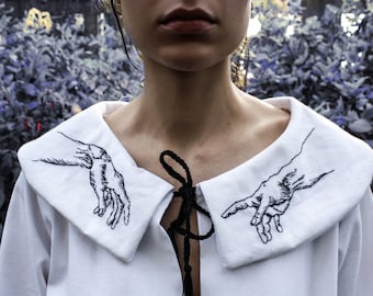 White Peter Pan collar embroidered hands Michelangelo - Dress peter pan collar with embroidered hands Michelangelo
