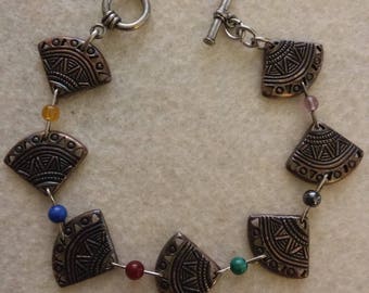 Silver Fan Link & Multi Colored Bead Bracelet