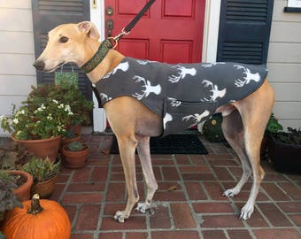 Greyhound Dog Coat, XL Dog Jacket, White Deer Heads on Gray Fleece with Black Fleece Lining