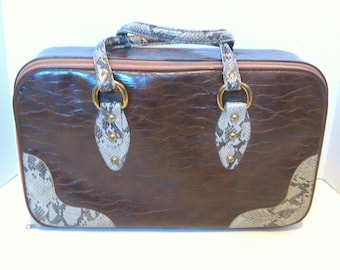Vintage Brown Vinyl Imitation Snakeskin Overnignt Carry On Bag Travel Luggage