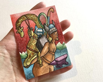 Demon giraffe anvil tennis clock wall art miniature art ATC Gift Art Trading Card Whimsical - Original ART ACEO Watercolor - Katie Hone