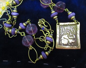 Bronze and Glass Bead Rabbit Necklace