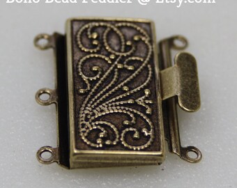 Antique Brass Box Clasp, 3 Strand, Vintage Style