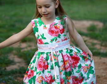 Girls Floral Dress - Custom MADE TO ORDER, Sizes 0 - 6, Roses Dress, Full Skirt Dress, Girls Summer Dress, Spring Dress, Shabby Chic Dress