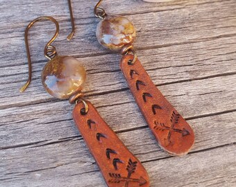 Hand Stamped Leather Earrings - Crossed Arrows - Bronze - Pietersite - Gemstone - Cowgirl Jewelry - Leather Earrings by Heart of a Cowgirl
