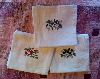 Machine Embroidered Flour Sack Berry Dish Towels Set 1