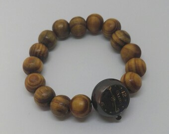 Ladies elasticated beaded watch wooden beads - modern watch - unusual watch - wooden watch - natural watch