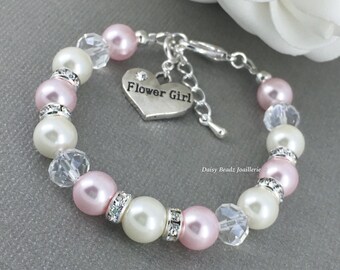 Flower Girl Bracelet Flower Girl Jewelry Flower Girls Gift Pink and Ivory Flower Girl Pearl Bracelet Pearl Jewelry for Flower Girl