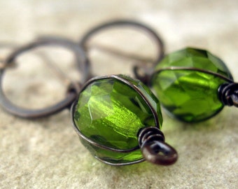 Green Glass & Hammered Copper Earthy Earrings