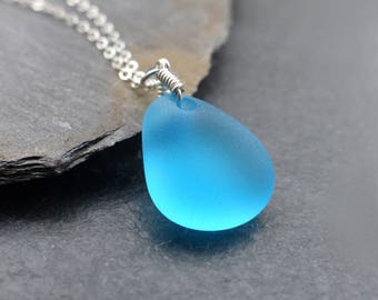 Sea glass necklace, sterling silver, 14k gold filled, blue sea glass pendant, cultured sea glass jewelry, turquoise, seaglass, beach glass