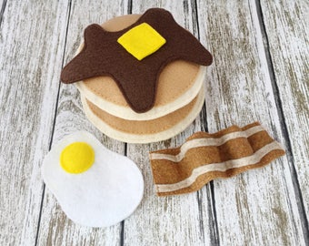 Little Kid Pancake Breakfast, Two Pancakes, Syrup, Butter, Felt Food, Play Food, Montessori, Chef, Bacon, Breakfast, Brunch, Egg, Lumberjack