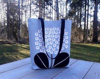 Modern canvas tote bag made from Marimekko fabric, handbag purse, everyday shoulder bag, grey summer tote, Scandinavian flower weekend bag