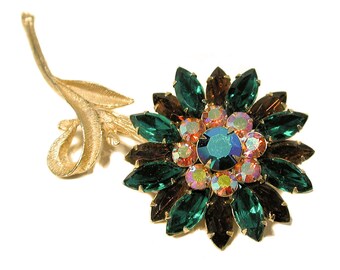 Huge Vintage Rhinestone Brooch, Green Rhinestone Brooch, Green Flower Brooch, 60s Rhinestone Pin, Big Rhinestone Flower Pin, Floral Brooch