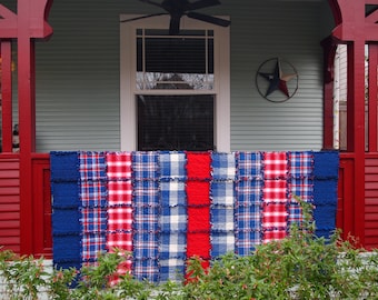 Americana Rag Quilt, Handmade Cotton Flannel Quilt, Twin or Large Throw Size, 75" x 92"