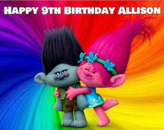 TROLLS Edible Frosting Icing Sheet Cake Topper Image Customized Personalized Birthday Party 1/4, 8" Round, 12 Cupcakes