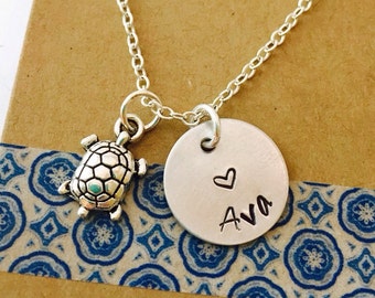 Turtle Necklace, Name Necklace with Turtle Charm
