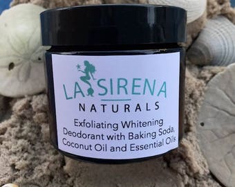 Whitening Deodorant Cream. Exfoliating baking soda 2 oz jar. All natural and organic ingredients. Handcrafted with LOVE! Aluminum FREE!