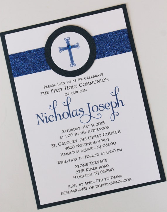 boy navy blue baptism communion invitation with band and