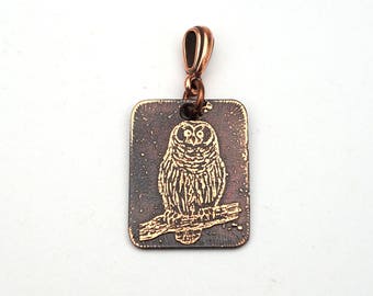 Owl on branch pendant, small rectangular flat copper jewelry, etched metal, optional necklace, 25mm
