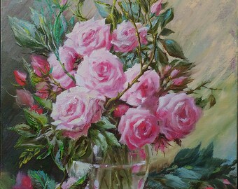 Pink flower painting oil Pink Rose painting Still life oil painting canvas Wife birthday gift for girlfriend gift Floral painting Women gift