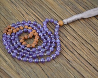 I AM PEACE Mala, Knotted gemstone Mala Necklace, Amethyst & Sandalwood, Prayer Beads, Meditation, 108 Japa Mala, Yoga Jewelry, Tassel.
