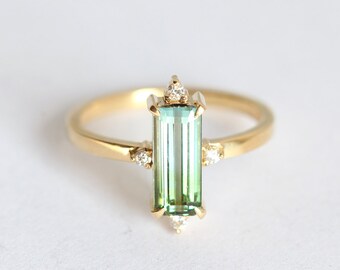 Unique Tourmaline Ring, Watermelon Tourmaline Ring, Baguette Engagement Ring, Bicolor Tourmaline Ring, Ooak Engagement Ring, Green Blue Ring