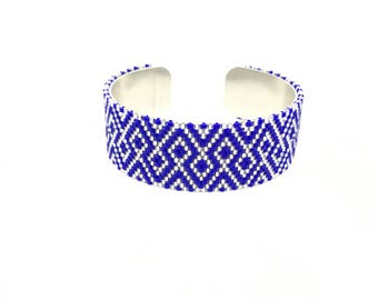 Bright blue and silver Japanese beadwoven cuff