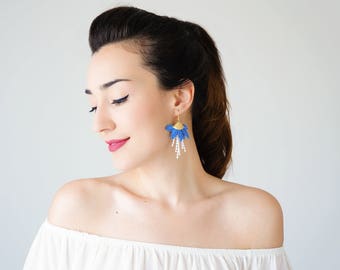 Statement Jewelry Royal Blue Earrings Tassel Earrings Girlfriend Gift For Mom Hoop Earrings Lace Earrings Statement Earrings/ ORECA