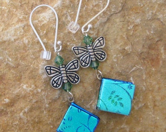 Blue Glass Earrings, Butterfly Earrings, Summer Jewelry, Dichroic Fused Glass Drop Earrings, Fused Glass Earrings - Blue Butterfly Earrings