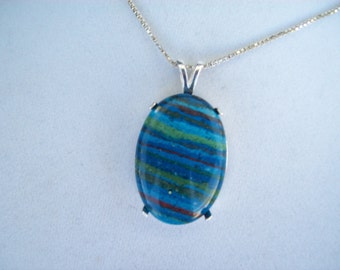 Natural Rainbow Calsilica Pendant in Sterling Silver 30x22mm