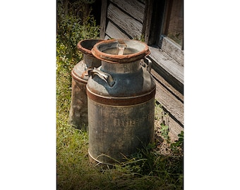 Vintage Creamery Milk Cans by the old Prairie Homestead near the Badlands in South Dakota No.7561 A Fine Art Still Life Photograph