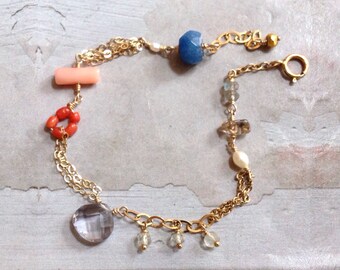 Blue Quartz Bracelet - Dainty Gold Bracelet - Mixed Stone Bracelet - Colorful Gemstone Bracelet - Coral Bracelet - Aquamarine Bracelet