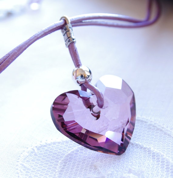 Swarovski Heart Necklace Purple Heart Crystal Necklace Leather 8497