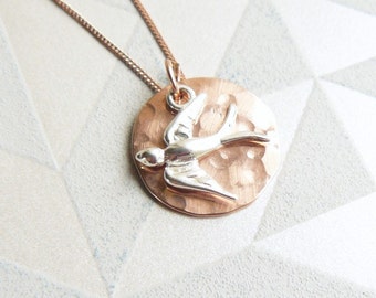 Hammered Rose Gold Disc and Silver Swallow Charm Necklace
