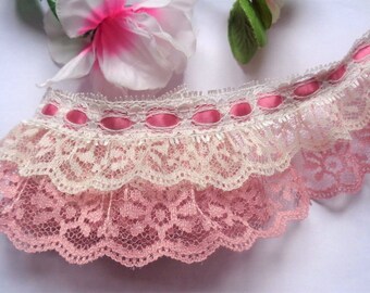 Ruffled Lace with Ribbon, 2+1/2 inch wide Col.Rose - Ivory - Col.Rose