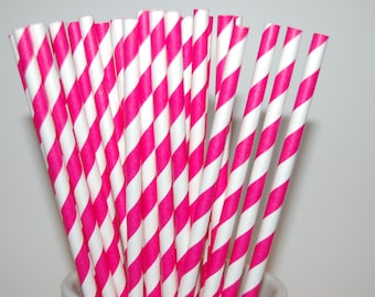 Hot Pink Stripe Paper Straws - 25/Pack