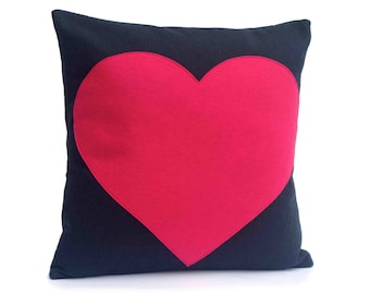 Heart Throw Pillow Cover Appliquéd in Pink on Navy Blue Eco-Felt 18 inches