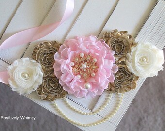 Pink Gold Ivory Maternity Sash, Girl Maternity Sash, Pink Maternity Sash, Maternity Belt, Pregnancy Sash, Flower Sash, RTS, Pink Gold Ivory