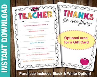 PRINTABLE Teacher Thank You Card, End of Year Teacher Gift Card Holder Teacher Appreciation Gift Fill in the Blank Teacher Card