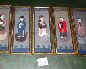 Antique set of five oshi-e panel figures framed in 1931