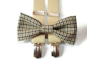 tan checkered bow tie & beige suspenders groom suspenders kids suspenders baby suspenders men's suspenders toddler suspenders