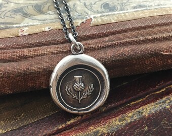 Wax Seal Necklace Thistle - Friendship Gift - Scottish Jewelry in sterling silver