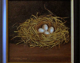 Original oil painting Bird Nest With Four Eggs framed